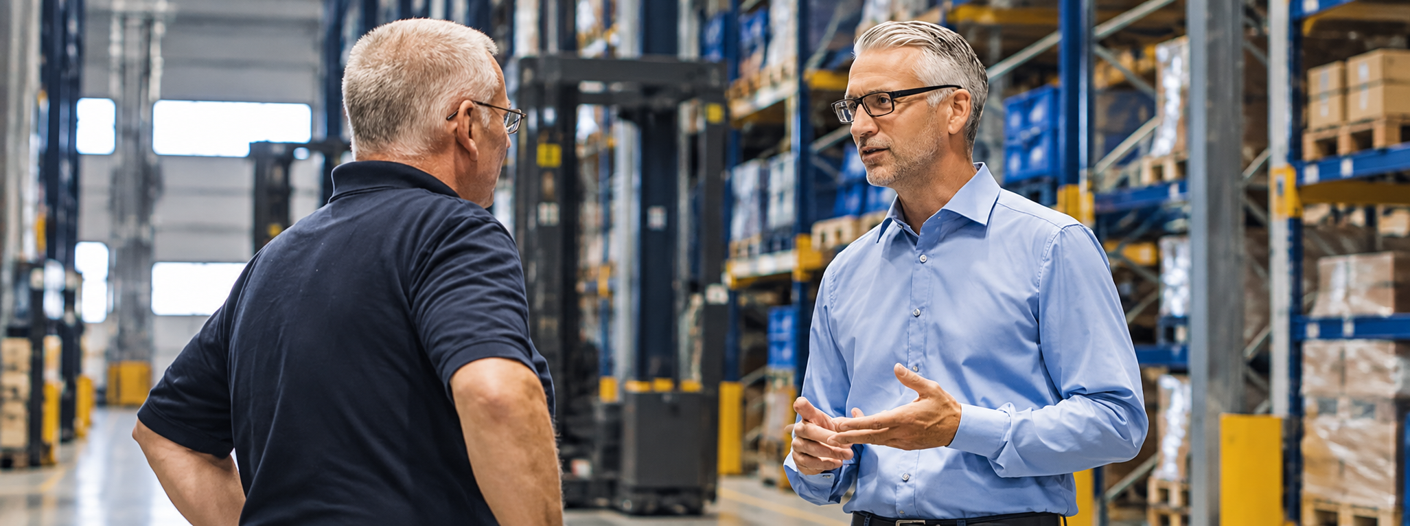 Martin Lösch im Gespräch mit einem Lagermitarbeiter